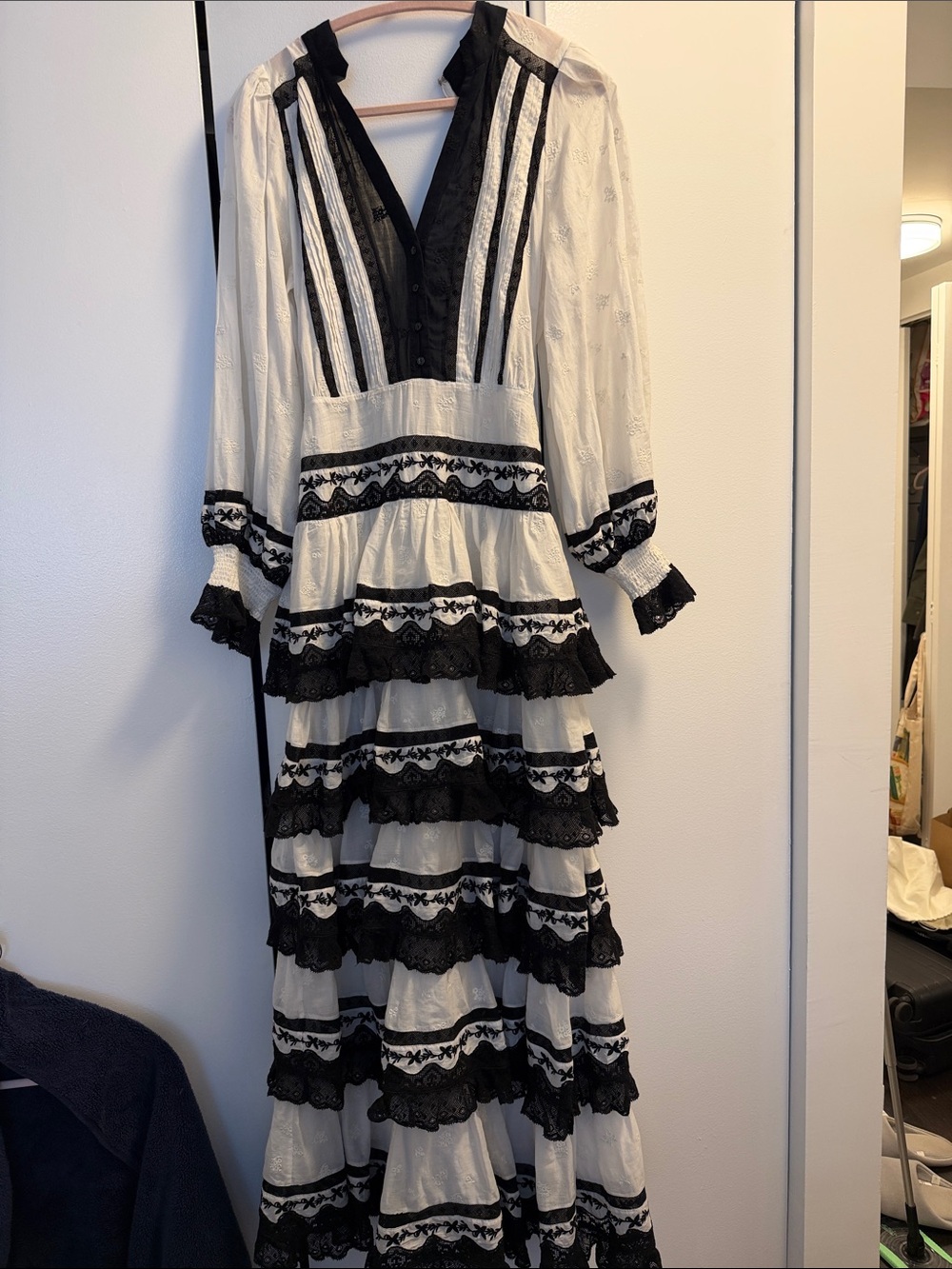 Alice + Olivia Black and White Tiered Lace Maxi Dress